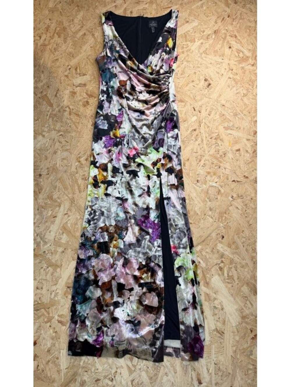 Adrianna Papell Velvet Maxi Dress Womens 14 Floral Ruched Side Slit Sleeveless